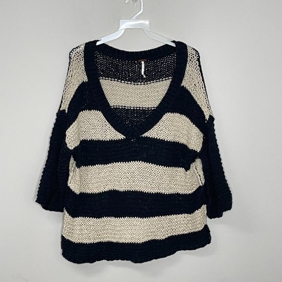 Free People Park Slope Tan & Black Knit Striped V Neck Sweater - Picture 2 of 5